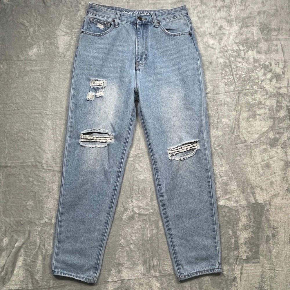Pink Diamond Mom Jeans Womens Size 9 Light Blue Distressed High Rise Tapered Leg